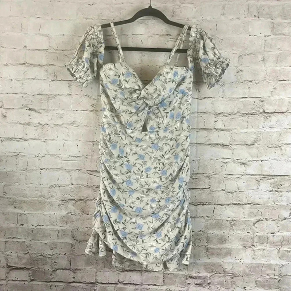 NWT Lulus S Not Just a Crush Taupe Floral Ruched Off the Shoulder Mini Dress Sm - Picture 2 of 16